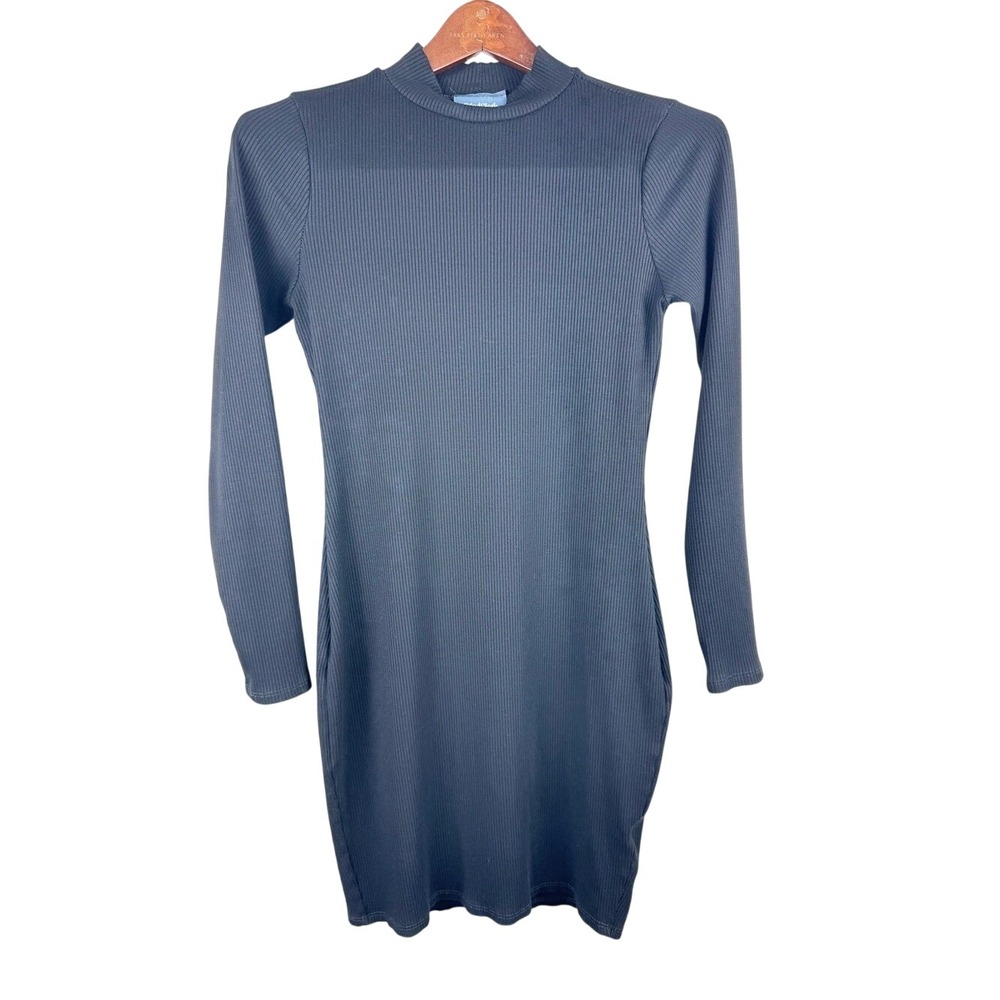 ModCloth Black Long Sleeve Ribbed Bodycon Dress Rib Knit Mock Neck Medium